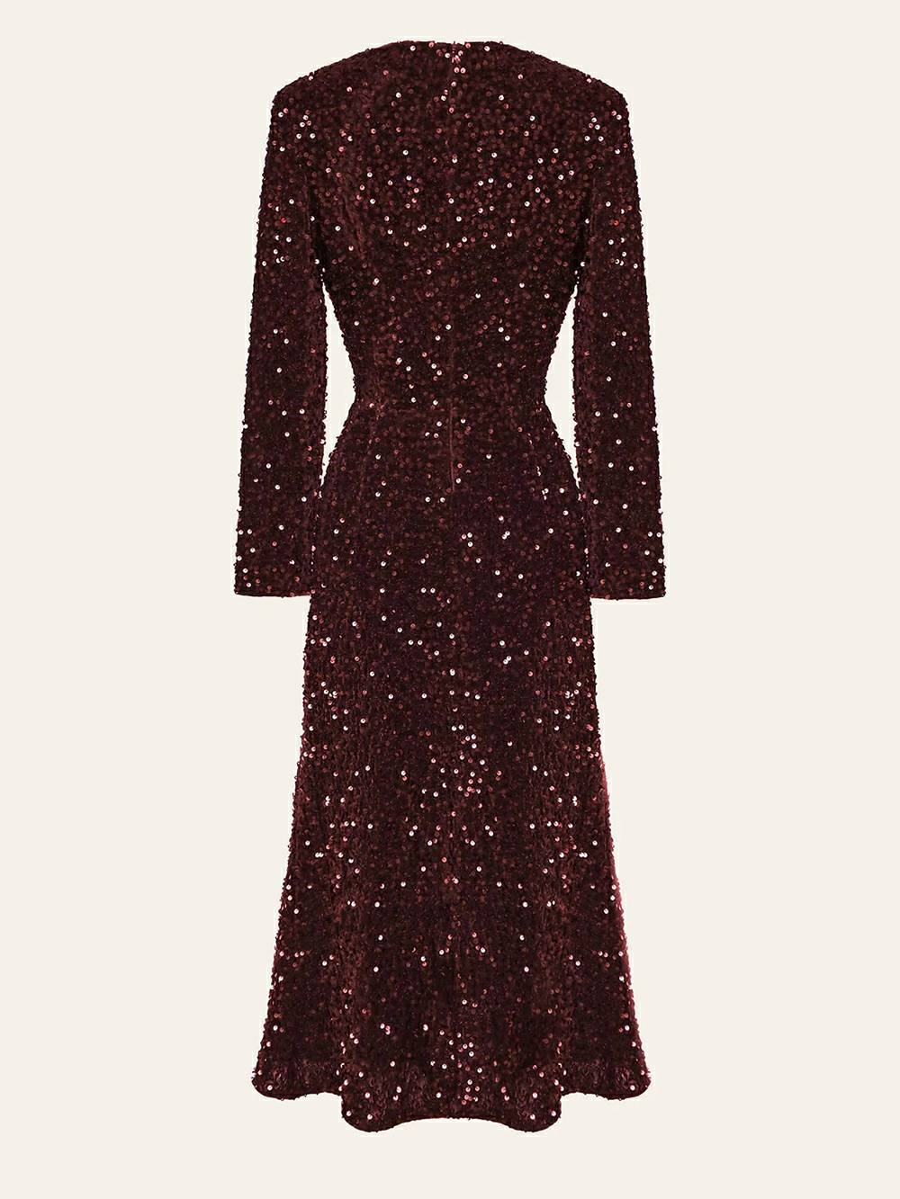 Sequin Decorated Velvet Midi Dress In Red