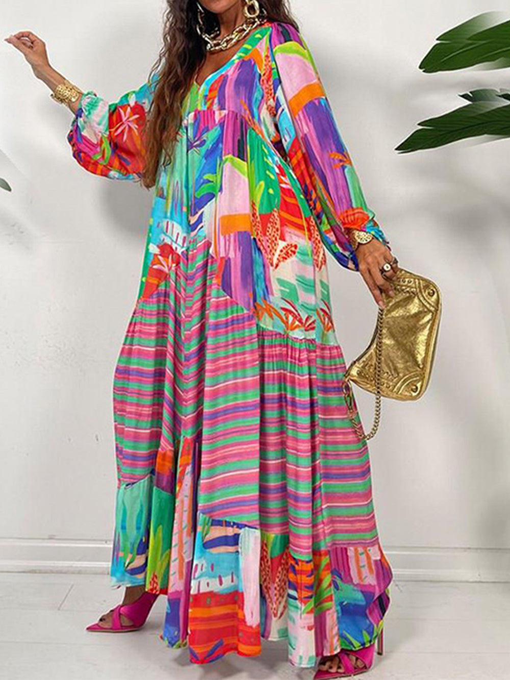 Oversized V-Neck Printed Maxi Dress