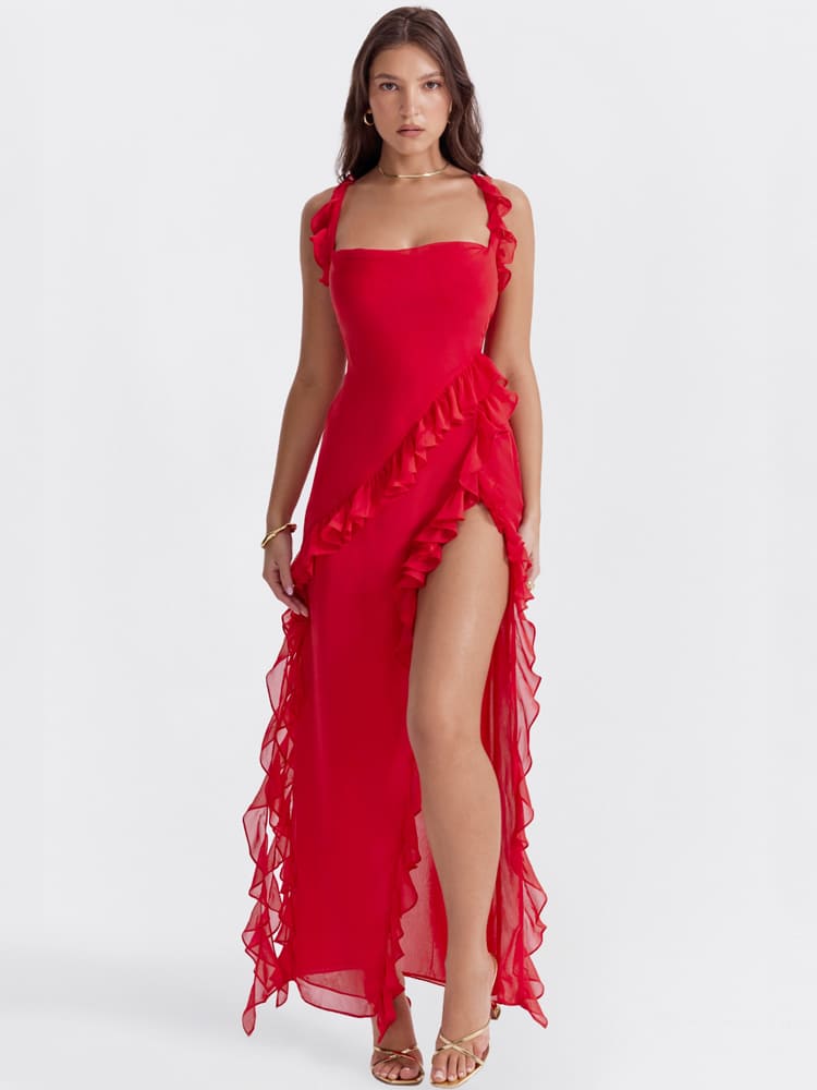 Ruffled Long Maxi Slip Dress - Red