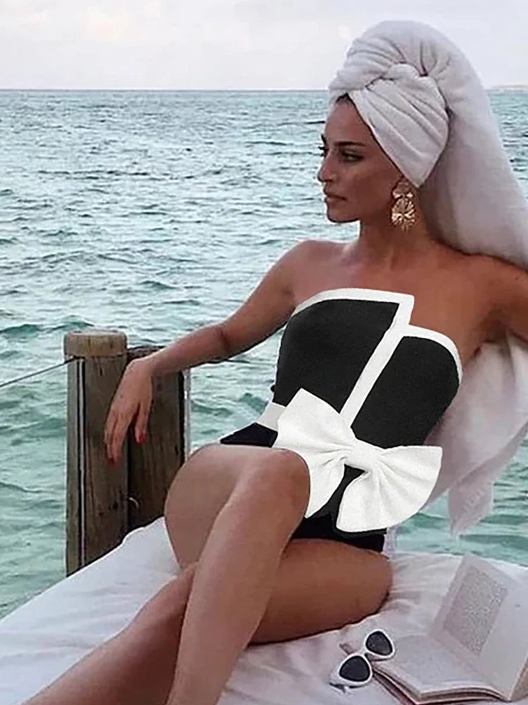 Strapless Colorblock Bow One-Piece Swimsuit