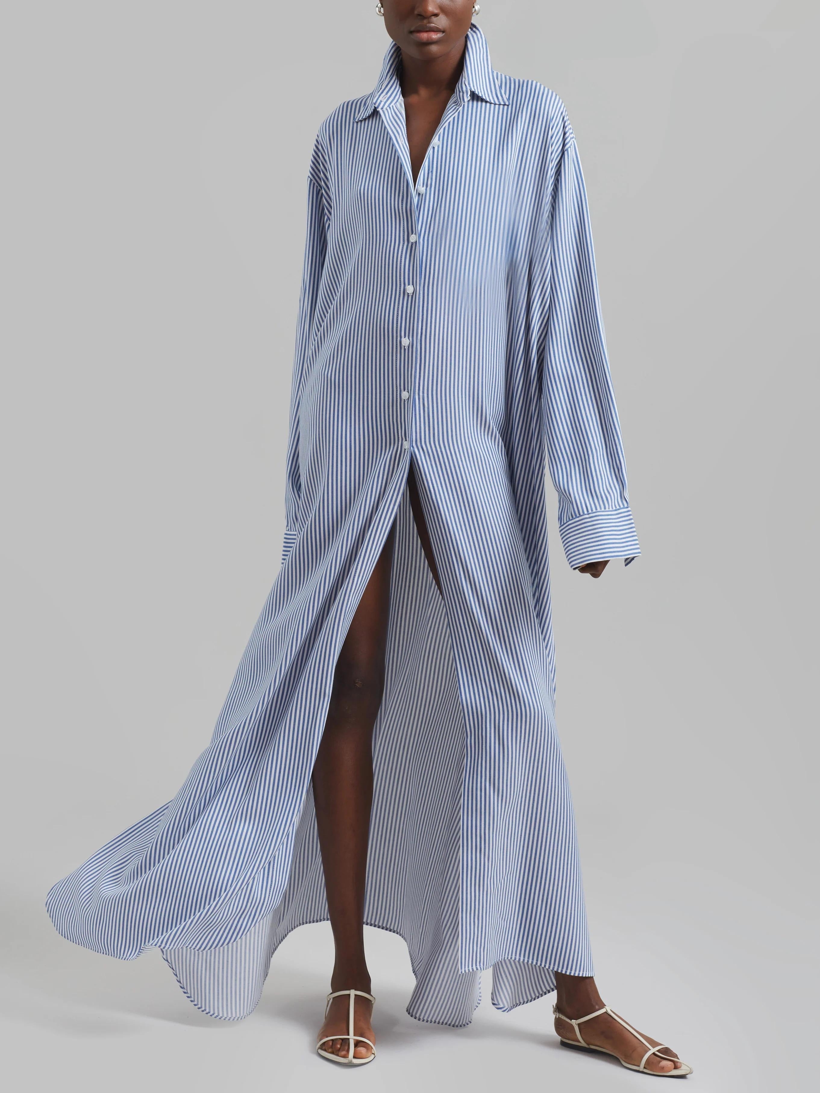 Avery Fluid Shirt Dress - White/Blue Stripe