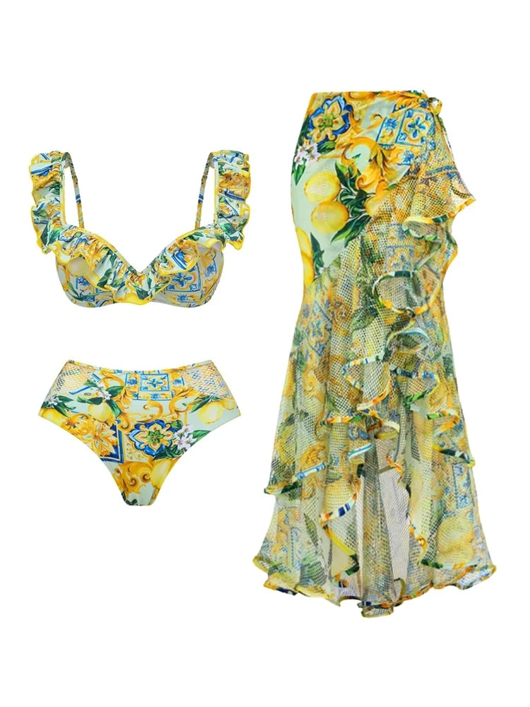 Lemon Print Ruffle Bikini Set