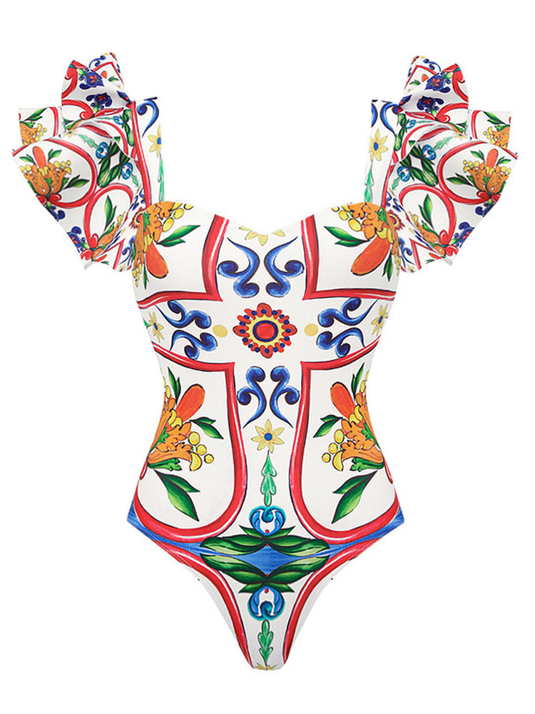 Ruffle Enamel Floral Bikini Swimsuit Set