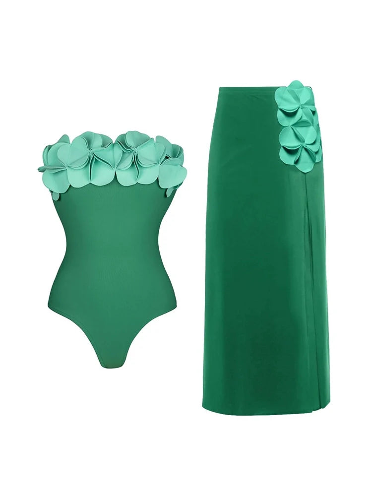 Strapless Green 3D Floral Swimsuit