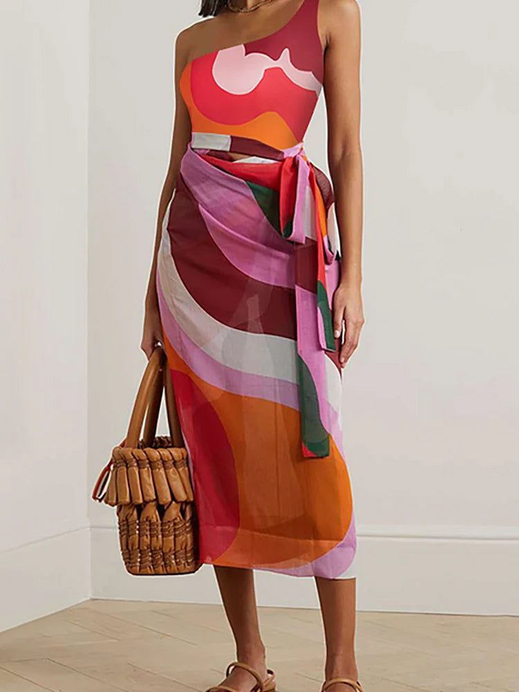 Geometric Print One Piece Swimsuit Set