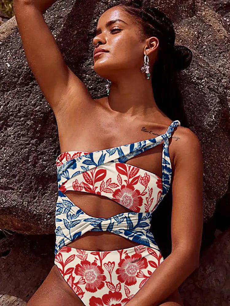 Red Blue Patchwork Ethnic Print Swimsuit