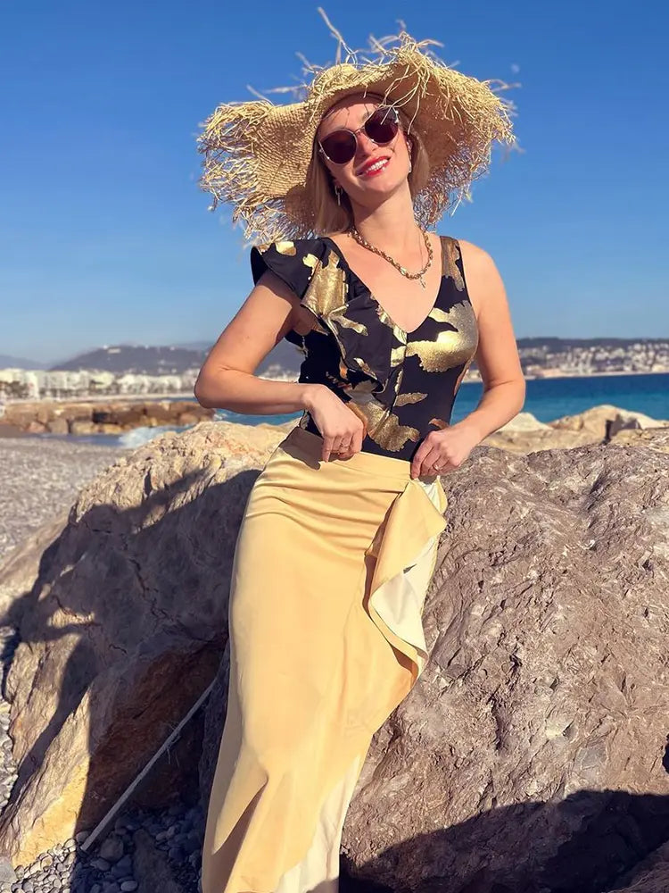 Foil Print Deep V Ruffle One Piece Swimsuit