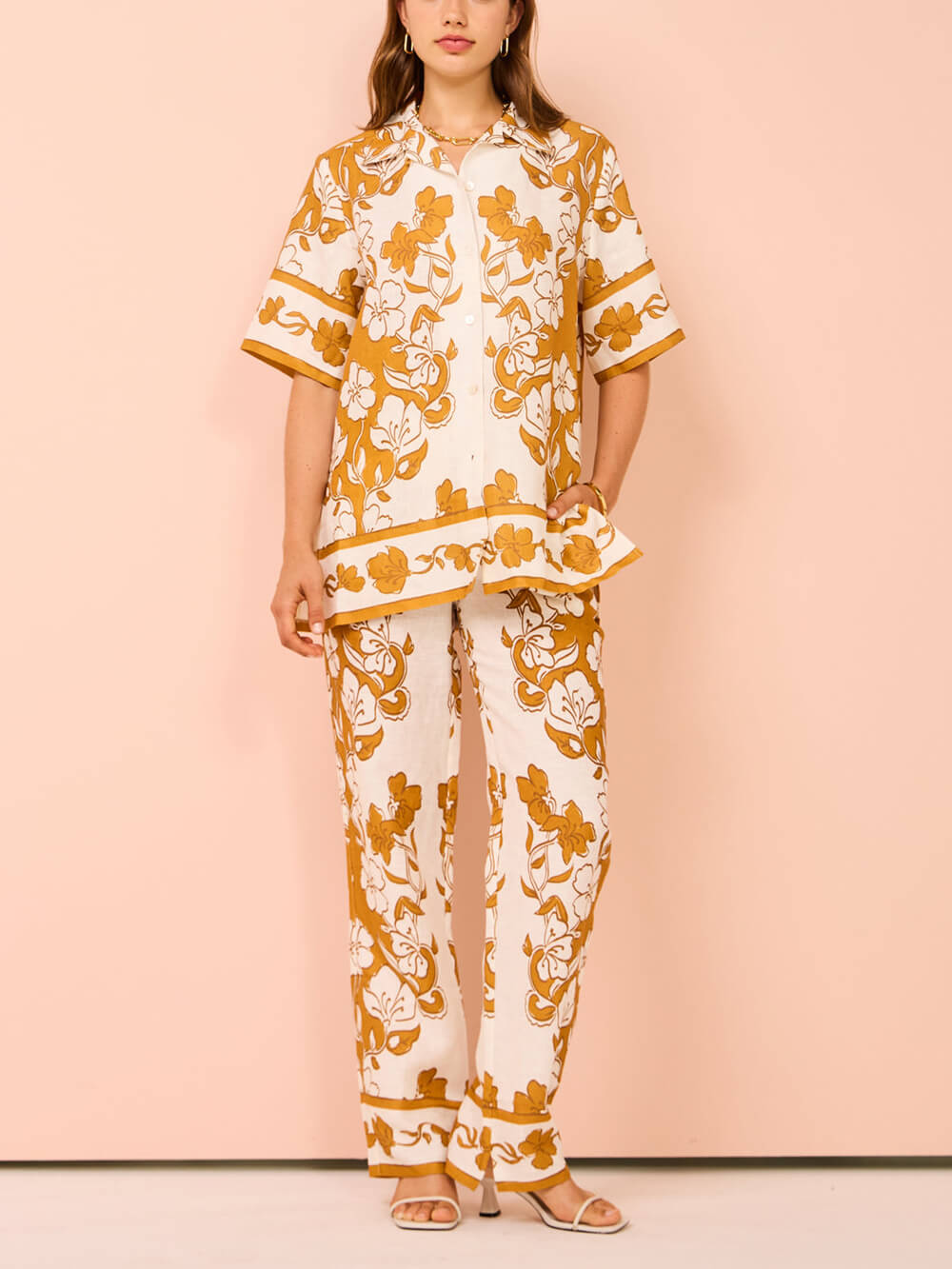 Floral Print Casual Short Sleeve Pants Set