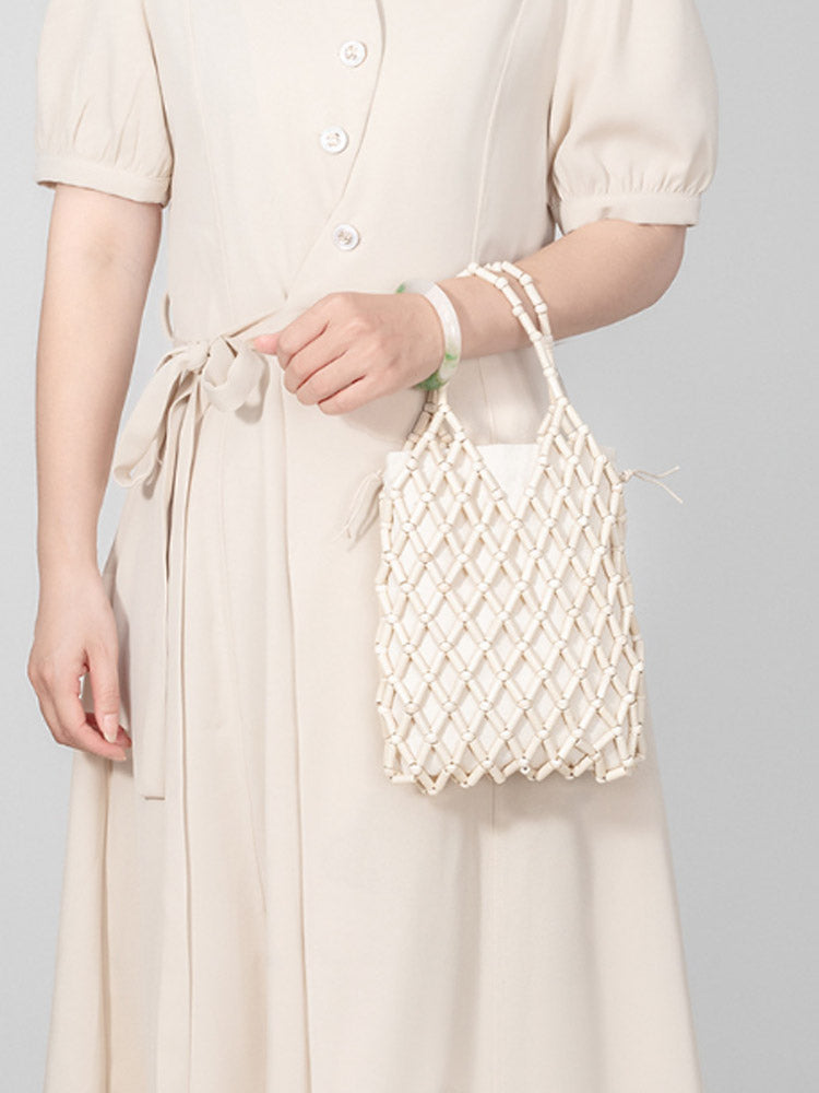 Hollow-Out Wooden Bead Woven Tote Bag