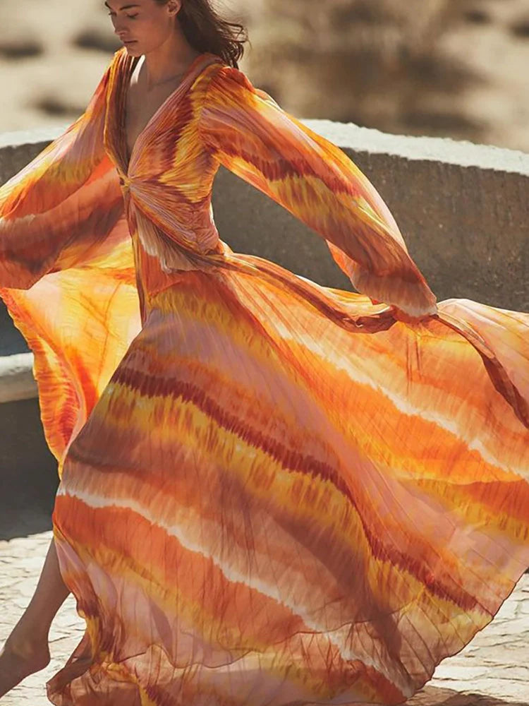 V-Neck Long Sleeve Printed Swimsuit Set