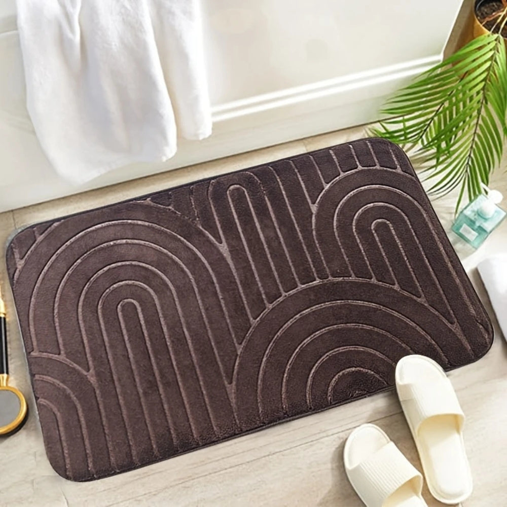Dark brown bath mat with raised arch pattern, soft absorbent non-slip rug for bathroom floor and shower