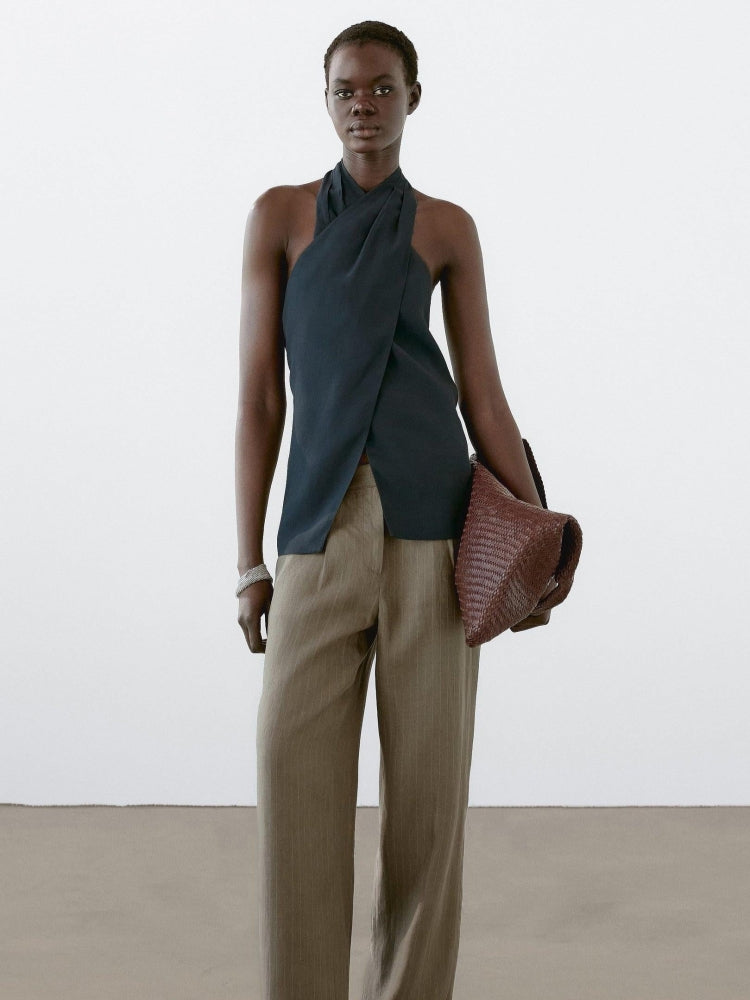 Halter Neck Back Neckline Top - Blue