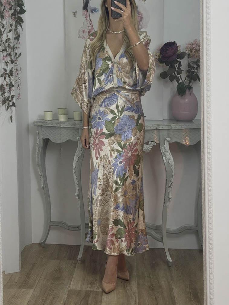 Exquisite Satin Floral Print Mermaid Skirt Set