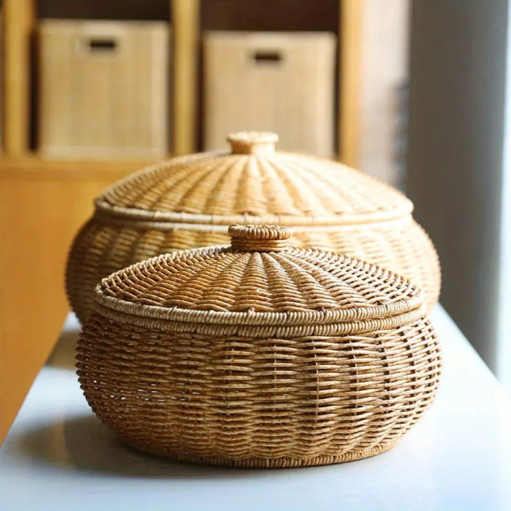 Dome-Shaped Knitted Rattan Basket with Lid