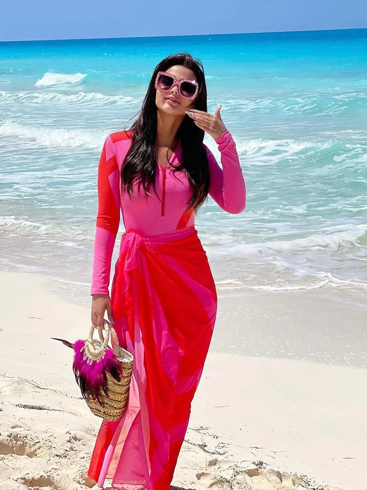 Colorblock Long Sleeve Surf Swimsuit Set