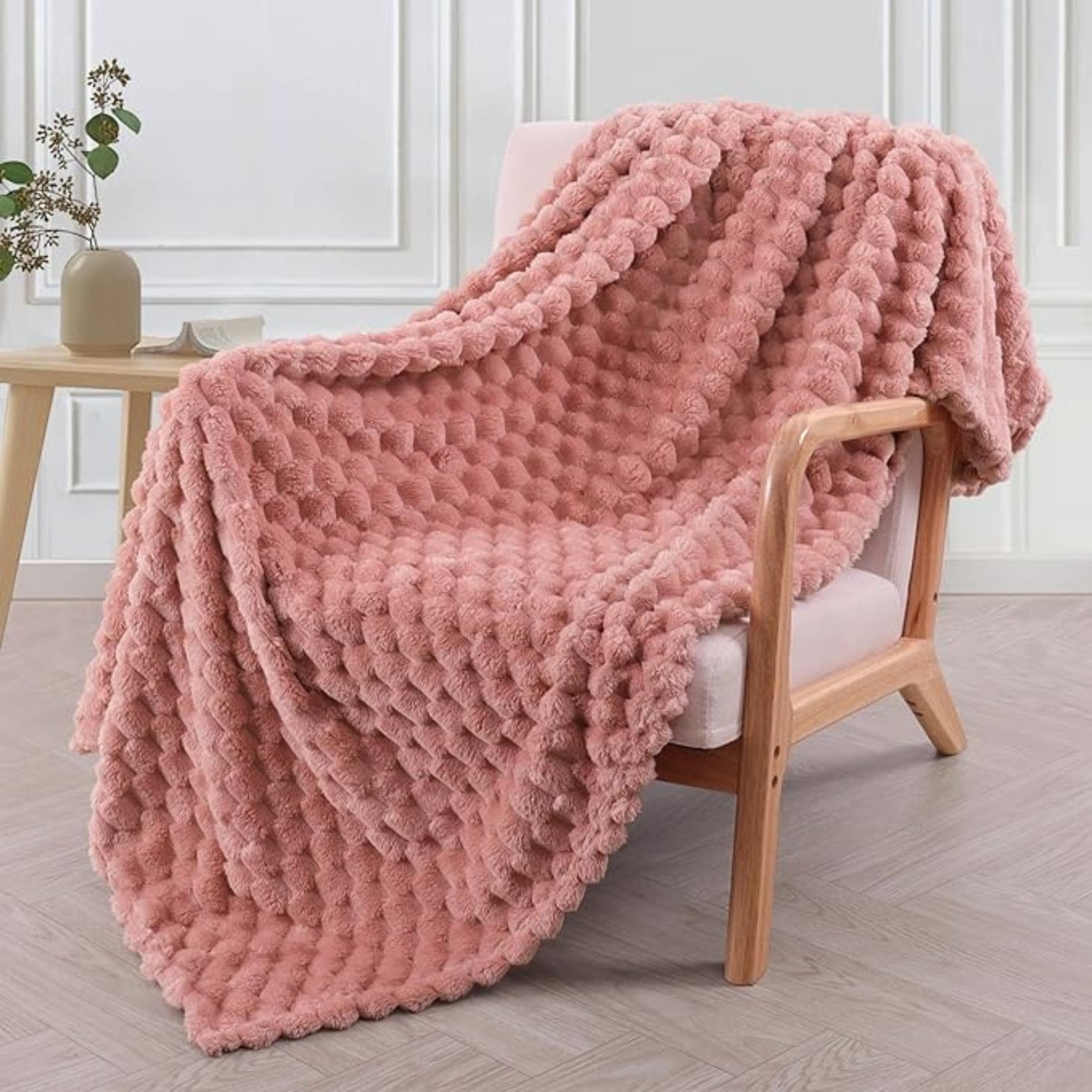 Cream plush faux fur throw blanket with bubble texture, soft and cozy couch or bed cover for home decor