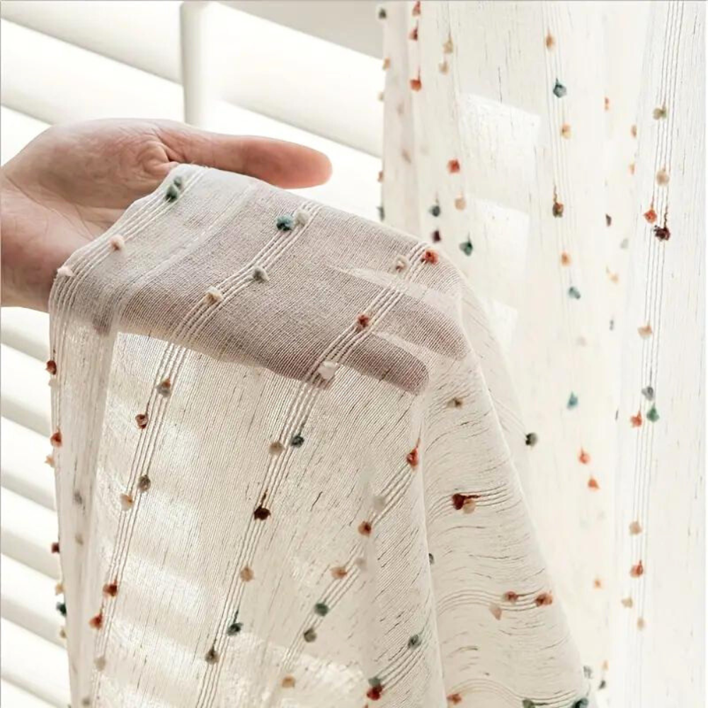 Sheer white curtain with small floral print, lightweight decorative window drape for living room or bedroom"