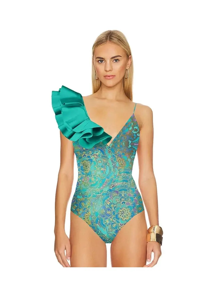 Boho Ruffle Print One Piece Swimsuit Set