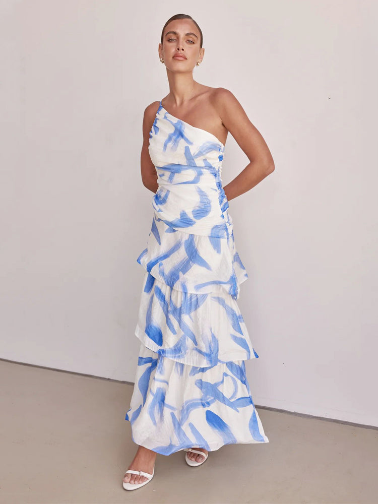 One-Shoulder Strappy Floral Print Dress