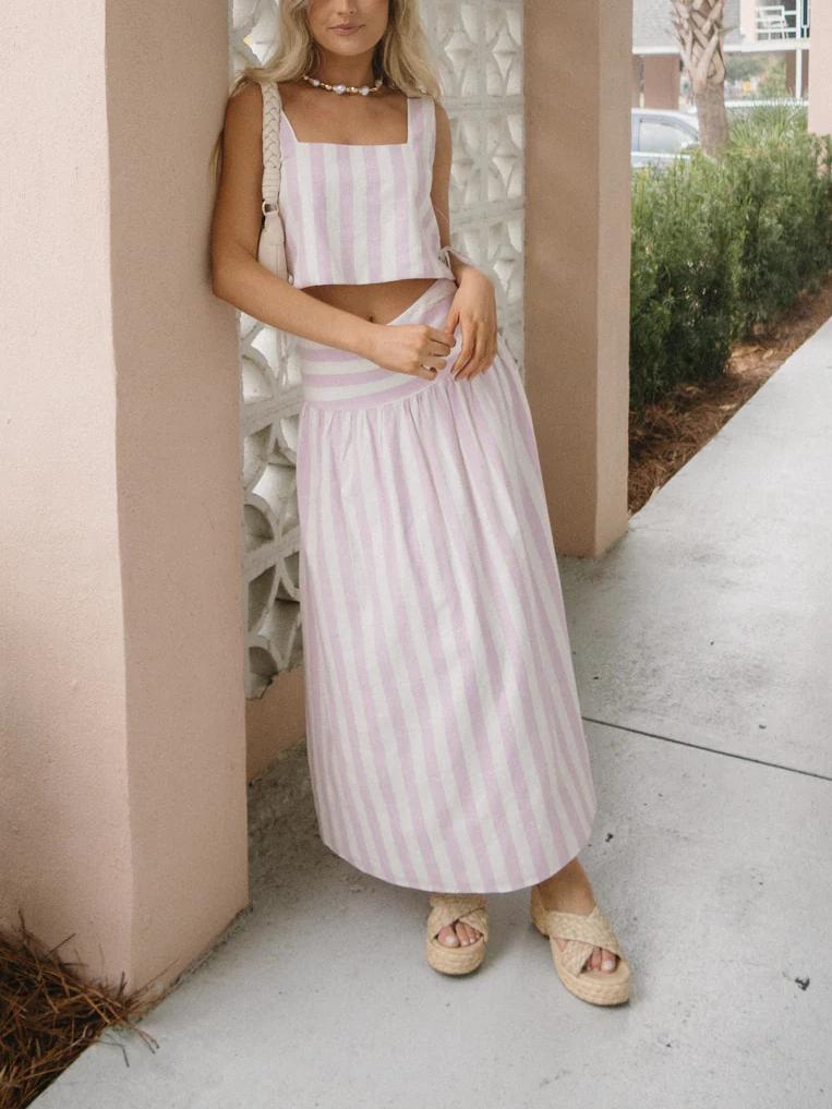 Pink And White Striped Skirt Set