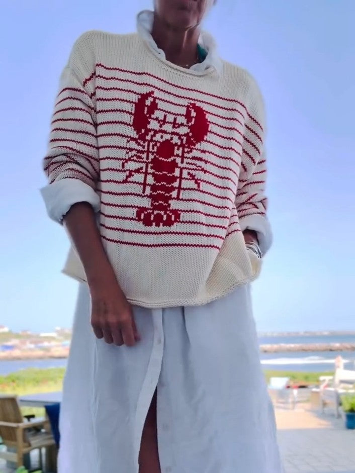 Cream & Red Striped Lobster Graphic Sweater
