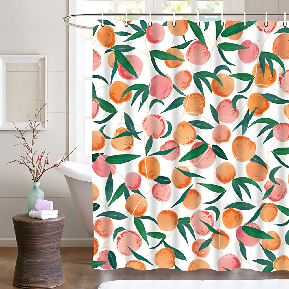 Colorful peach pattern shower curtain with green leaves on white background, waterproof bathroom decor