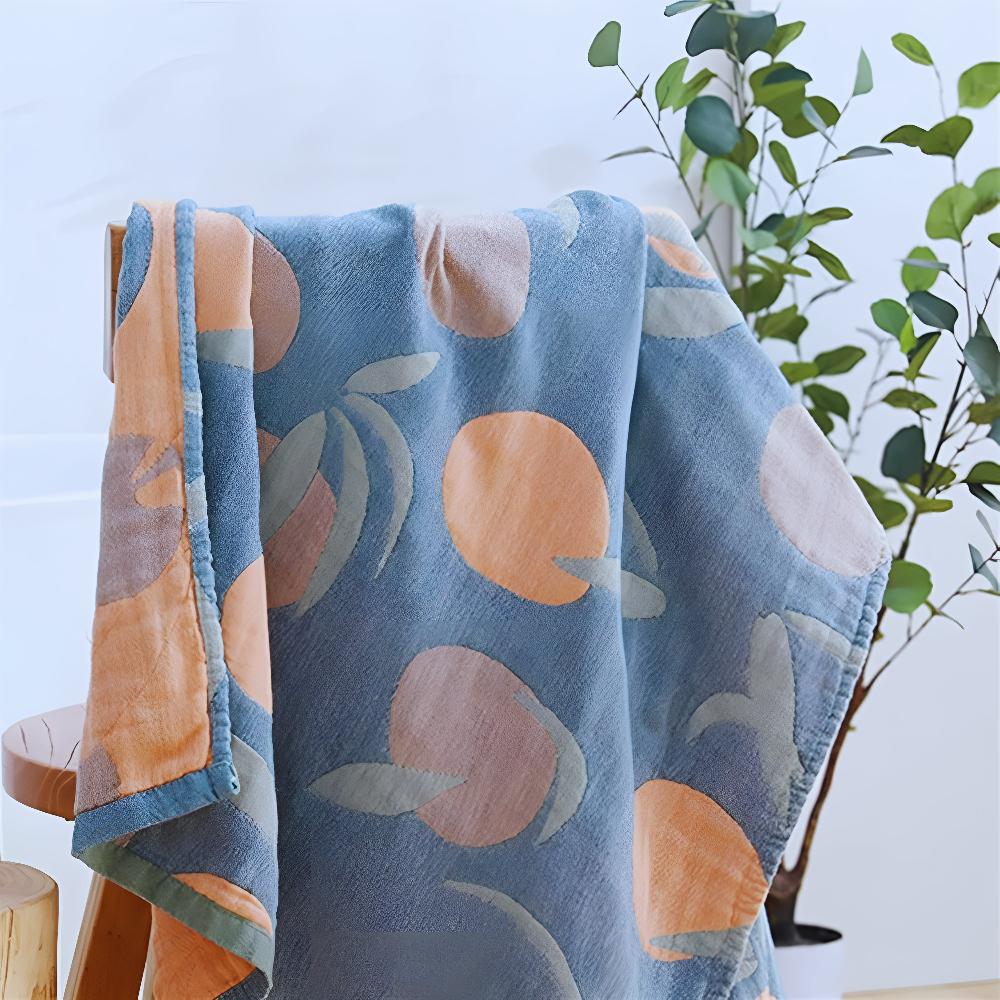Blue throw blanket with orange fruit and leaf pattern, lightweight cotton decorative sofa and bed cover