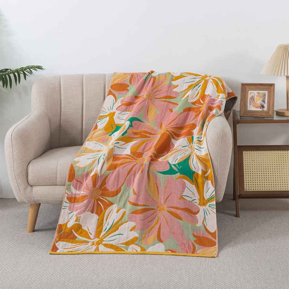 Floral cotton throw blanket with oversized pink and orange flower pattern, lightweight decorative sofa and bed cover