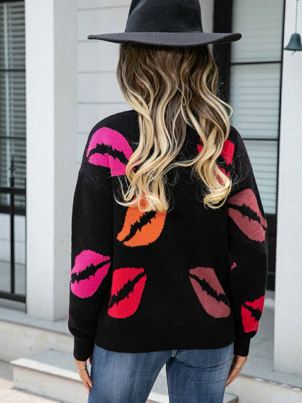 Lips of Love V-Neck Knit Pullover Sweater