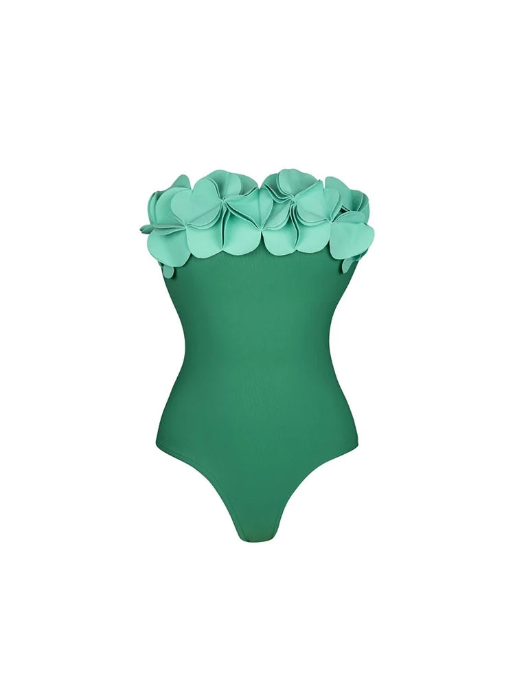 Strapless Green 3D Floral Swimsuit