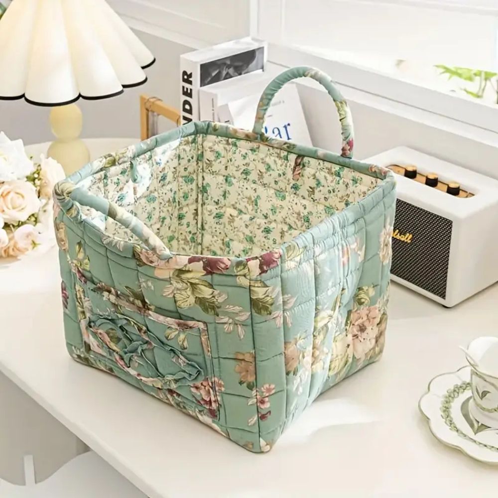 Vintage floral fabric storage basket with handles, quilted collapsible organizer for home decor and storage
