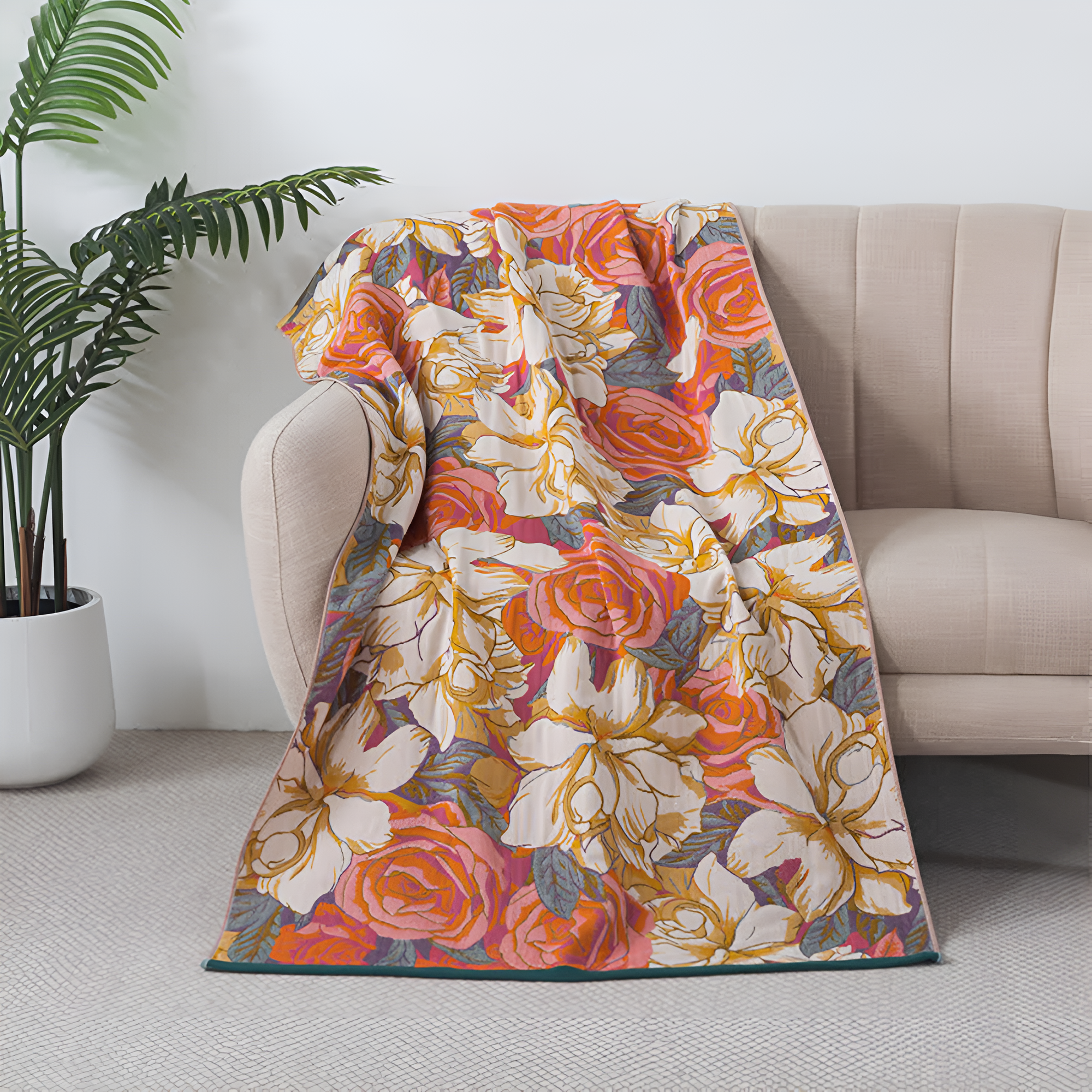 Floral throw blanket with red rose and white flower design, soft decorative sofa and bed cover in vibrant colors