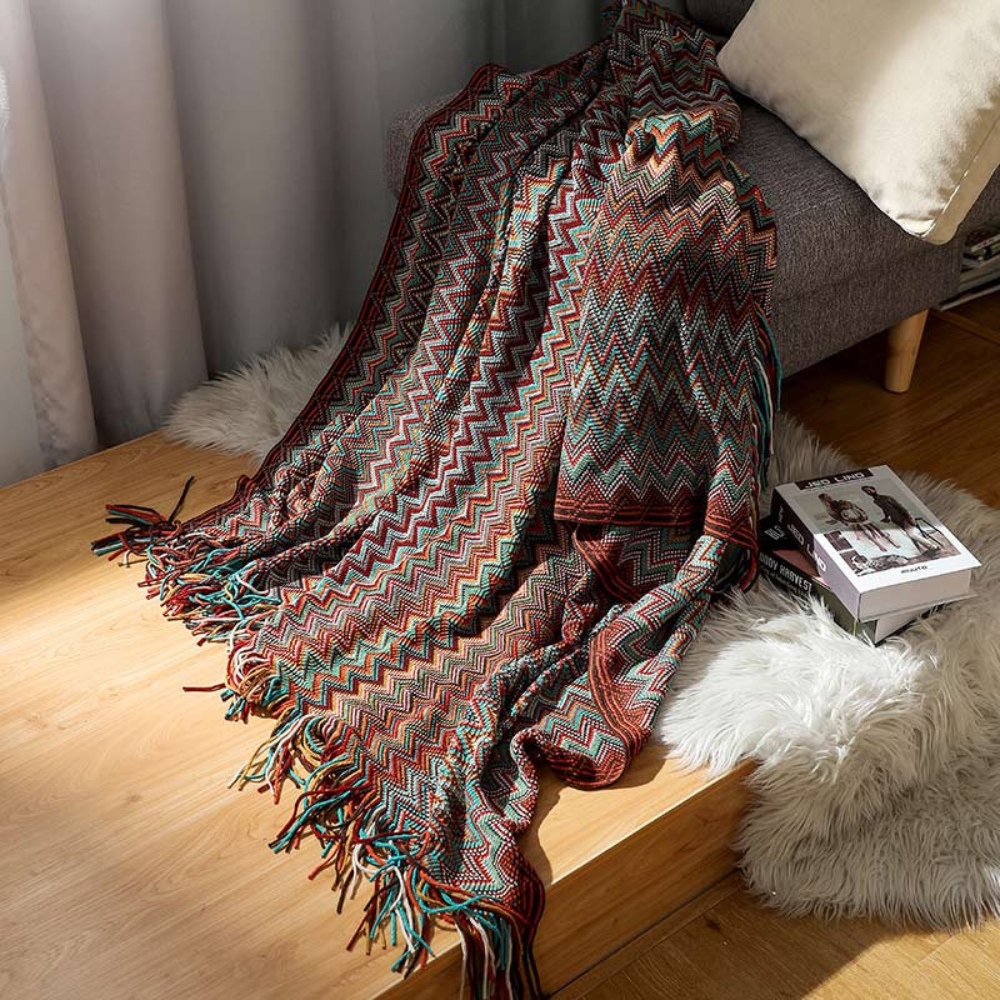 Multicolor Zigzag Tasseled Knit Throw