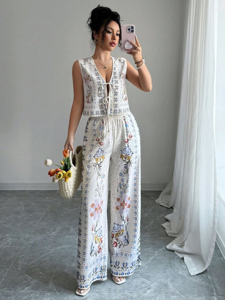 Tie-Up Vest & Wide-Leg Pants Set – Sky Blue Print