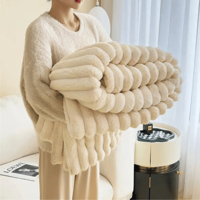 Luxury faux fur blanket in ivory white, soft and cozy throw for bedroom or living room winter decor