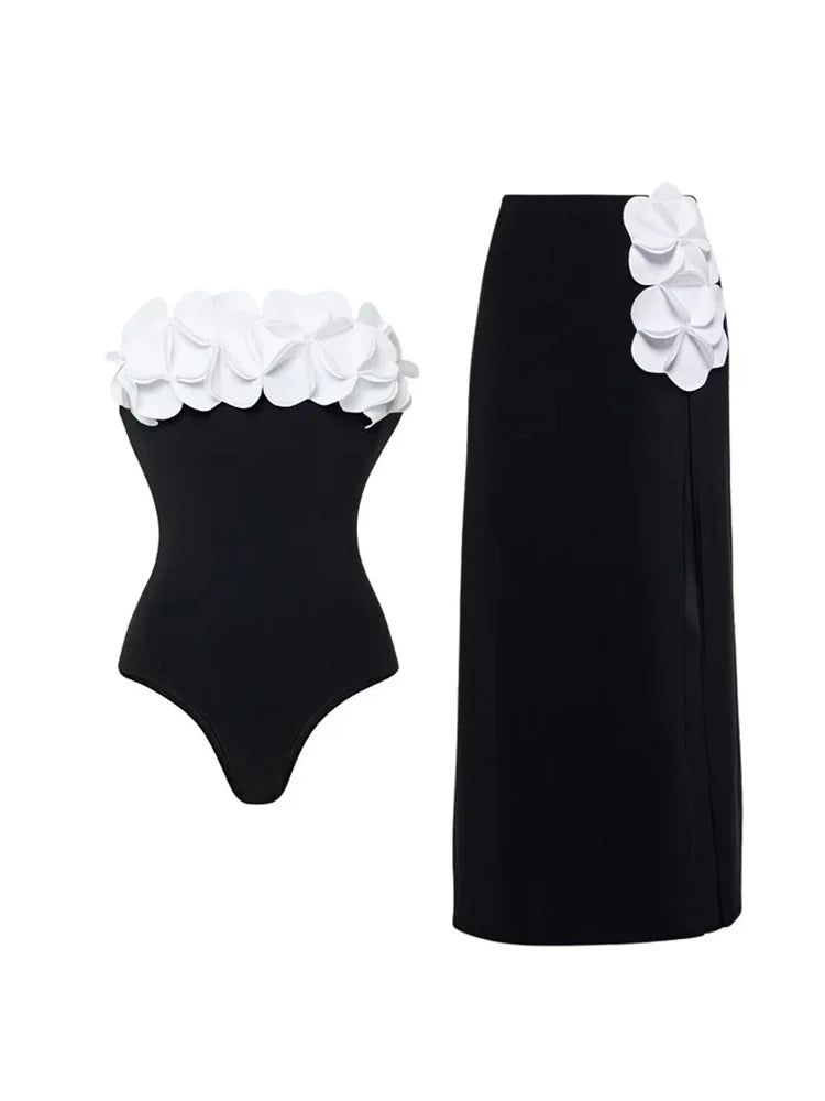 3D Floral Strapless Black Swimsuit