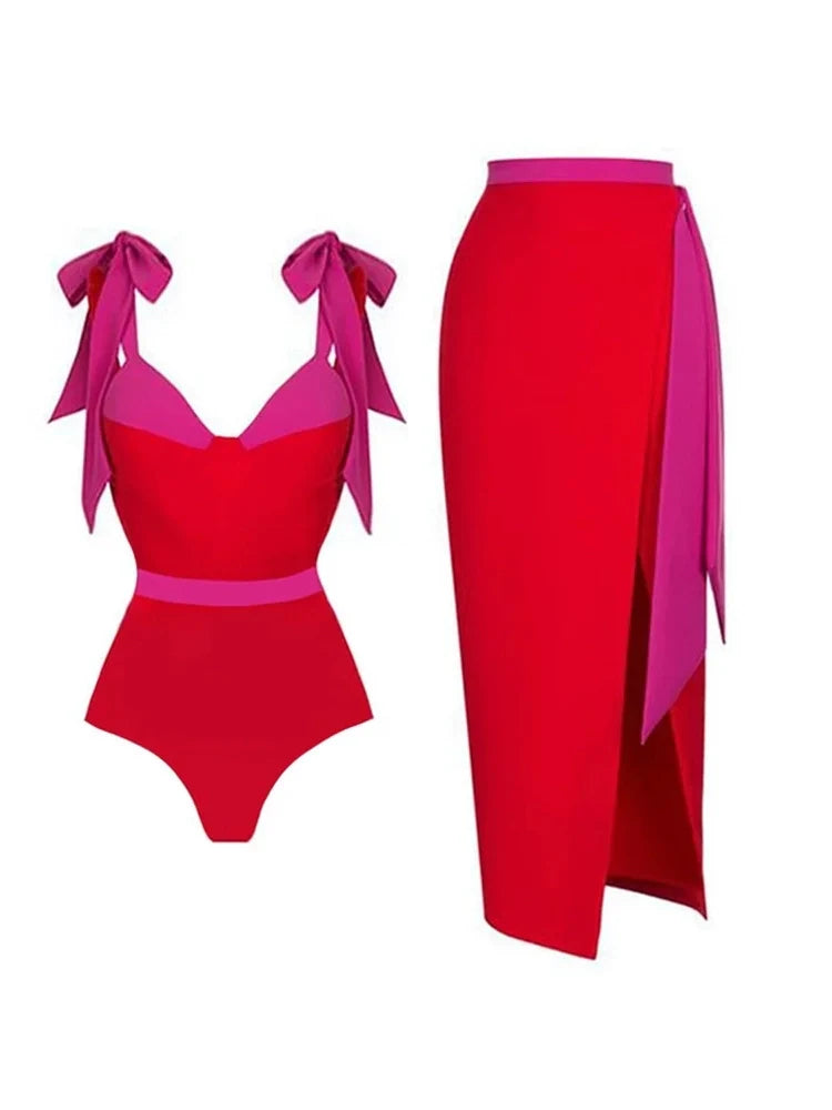 Colorblock Bow Tie Bikini Swimsuit Set