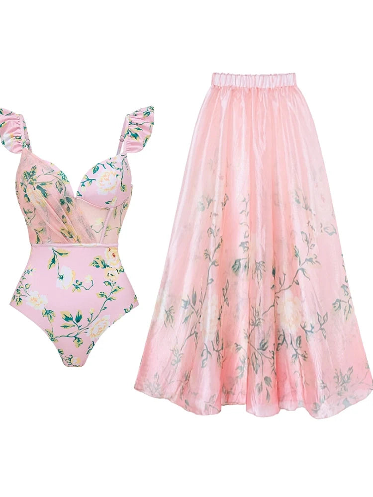 Pink Floral One-Piece with 3D Crystal Flowers