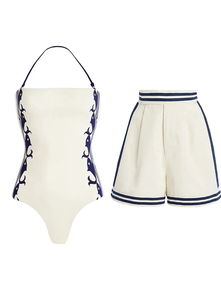 Navy Style One-Piece Swimsuit Set