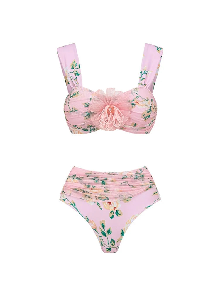 Pink Floral Bikini with 3D Crystal Flowers