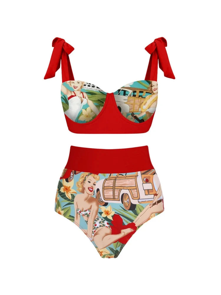 Tie-Front High-Waist Vintage Print Bikini Set