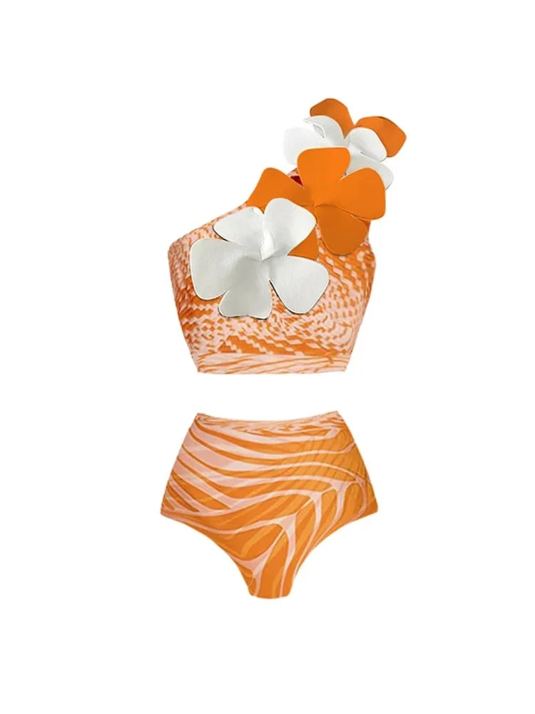 One-Shoulder Floral Salmon Print Bikini Set