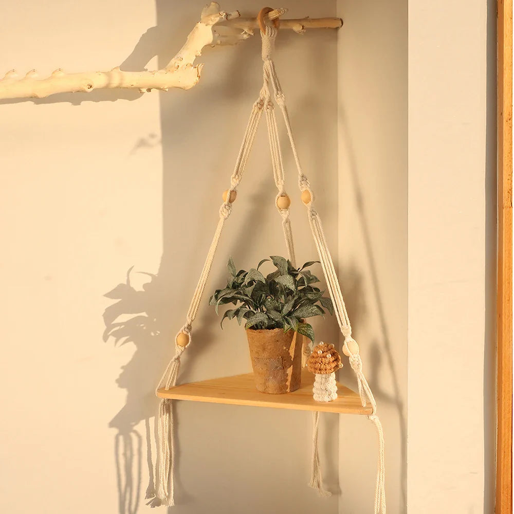 Boho macrame hanging shelf with wooden beads, handmade rope plant holder for wall or window decor