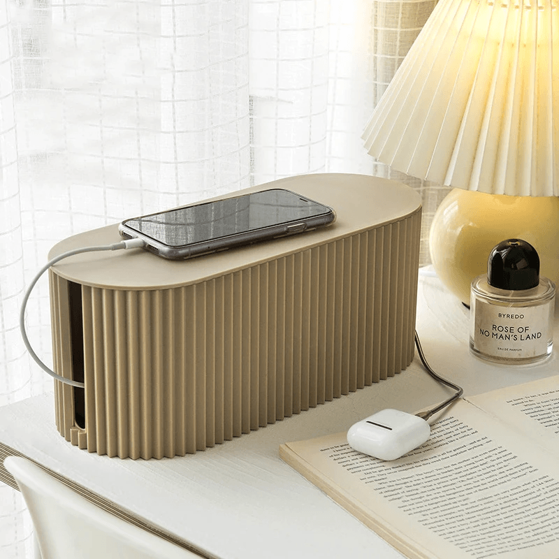 Modern cable management box with phone charging station, desktop cord organizer for home and office setup
