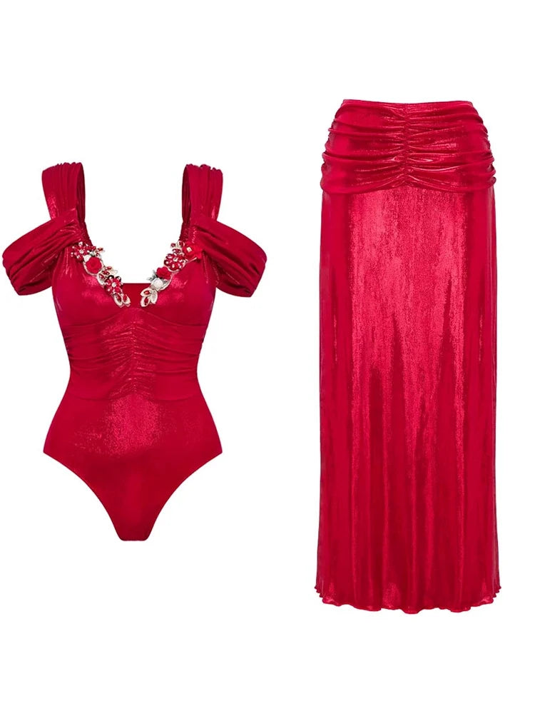 Red Glossy One-Piece with 3D Butterfly
