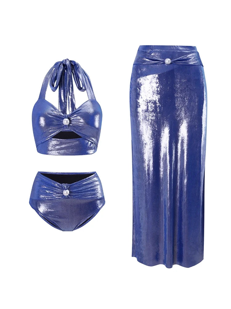 Glossy Mist Deep V Halter Pearl Swimsuit