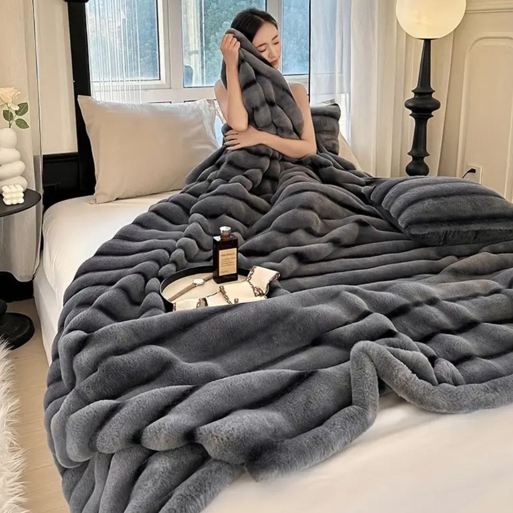Ruched Faux Rabbit Fur Blanket