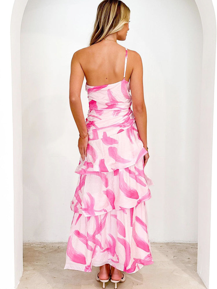 One-Shoulder Strappy Floral Print Dress