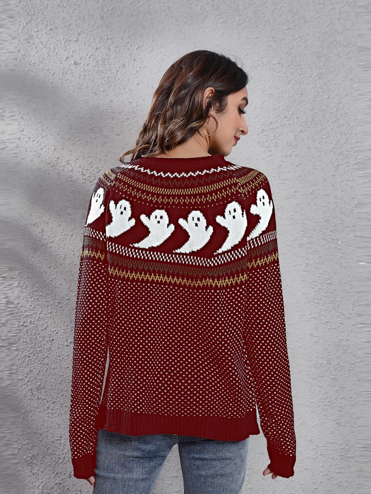 Literary Retro Ghost Pattern Round Neck Knitted Sweater