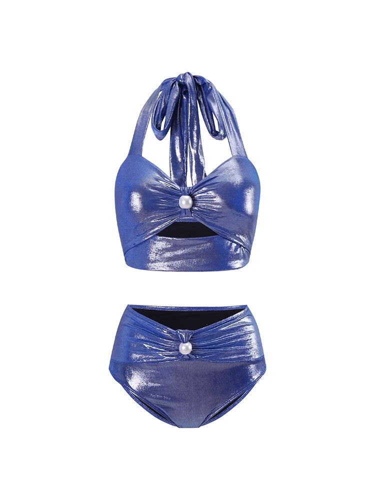 Glossy Mist Deep V Halter Pearl Swimsuit